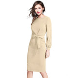 Women's Knitting stretchable Solid Round Neck Full Sleeve Dress (Beige )