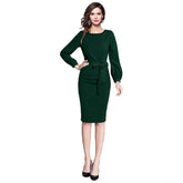 Green knitting stretchable round neck full sleeve dress for women, solid pattern, knee length
