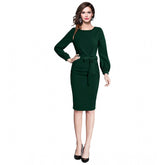 Green knitting stretch dress, solid round neck, full sleeve