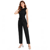 Black knitting stretchable sleeveless jumpsuit, solid pattern on display