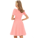 Women's Knitting stretchable Solid V Neck Cap Sleeve Dress (Peach)