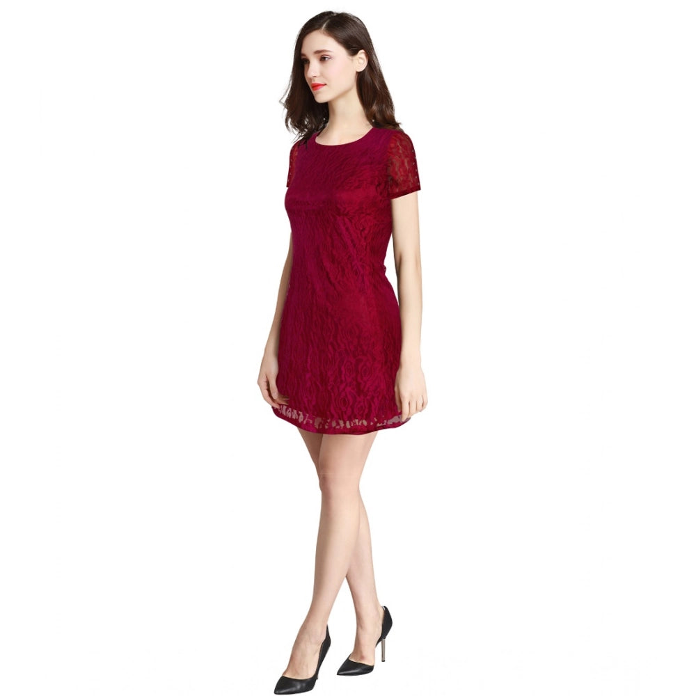 Maroon Rasal solid round neck cap sleeve dress for women, knee length fashion dress on mannequin