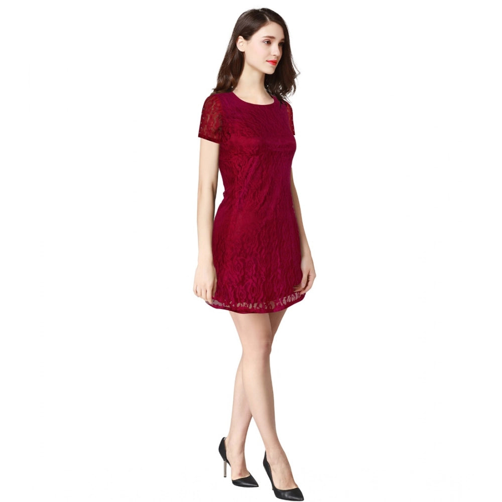 Maroon Rasal solid round neck cap sleeve dress for women, versatile fashion attire on mannequin