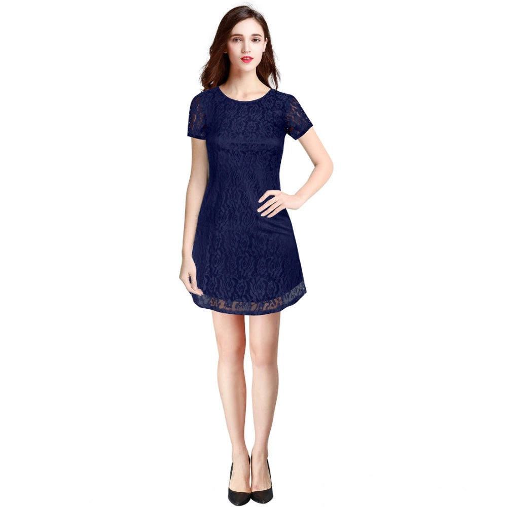 Blue Rasal solid round neck cap sleeve dress, women's fashion on mannequin