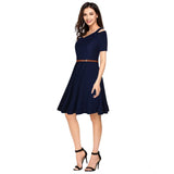 Women's Polyester Solid V Neck Cap Sleeve Dress (Blue)