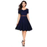 Blue polyester solid v-neck cap sleeve dress for women