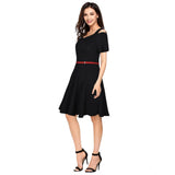 Women's Polyester Solid V Neck Cap Sleeve Dress (Black)