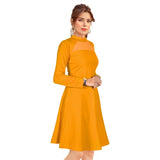 Women's Knitting stretchable Solid Round Neck Full Sleeve Dress (Yellow)