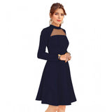Blue knitting stretchable dress with solid round neck and full sleeves