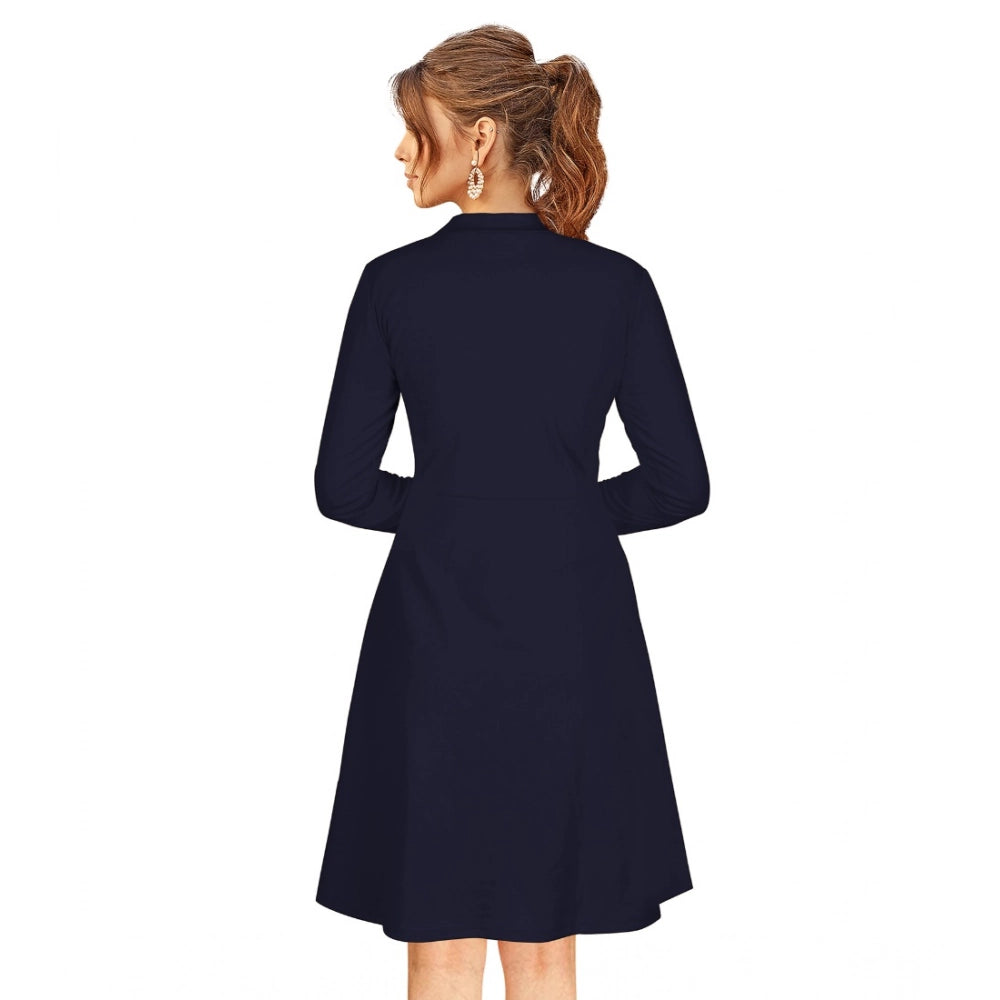 Blue knitting stretch dress, solid round neck, full sleeve