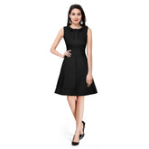 Black polyester sleeveless round neck dress for women, solid design on mannequin