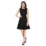 Women's Polyester Solid Round Neck Sleeveless Dress (Black)