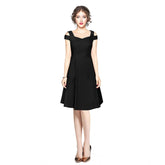 Black polyester solid V-neck cap sleeve off-shoulder knee length dress