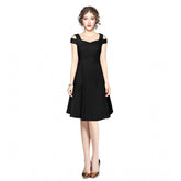 Black polyester solid V-neck cap sleeve off-shoulder dress for women