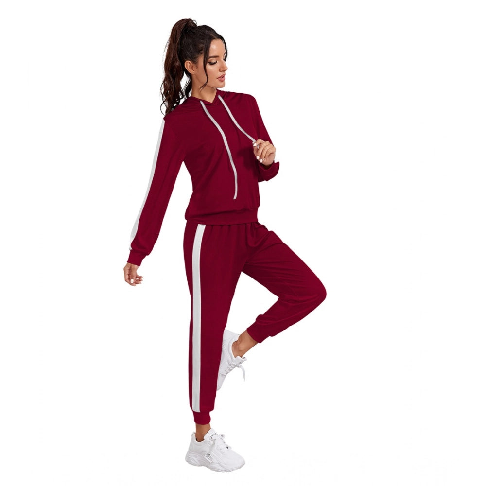 Maroon knitting stretchable track suit with hooded neck and full sleeves
