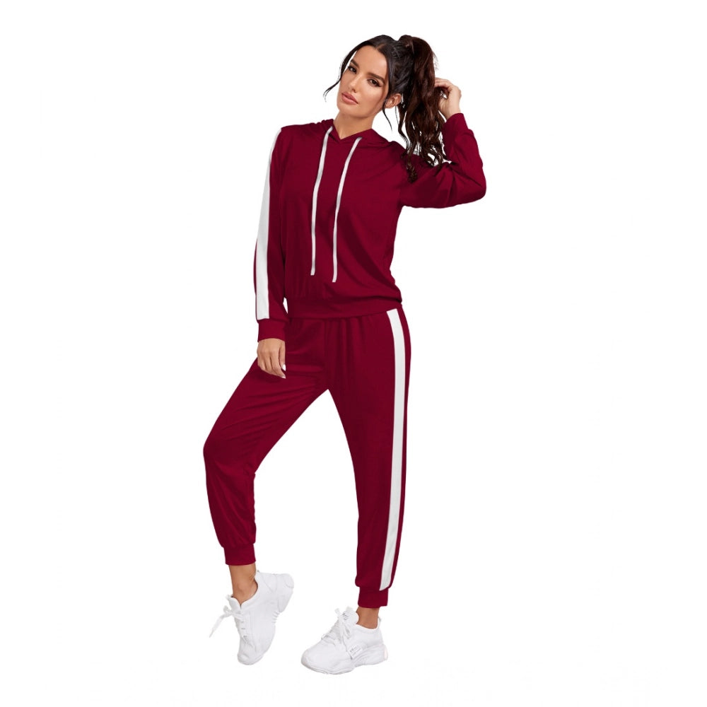 Maroon knitting stretchable full sleeve tracksuit with hooded neck - women's solid athleisure wear