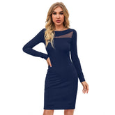 Blue knitting stretchable dress with round neck and full sleeves, solid design for women's casual wear