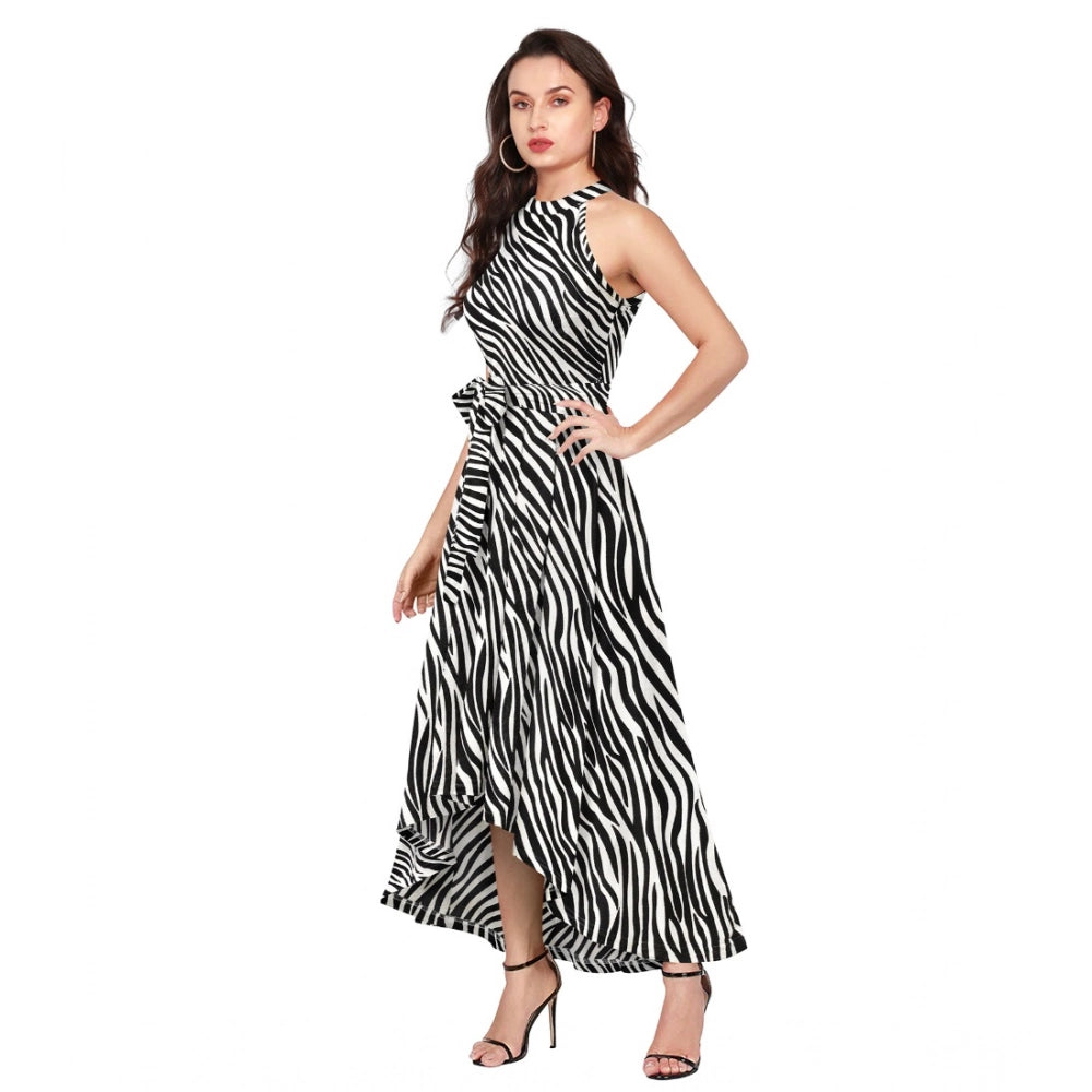 White polyester zebra pattern halter neck sleeveless dress