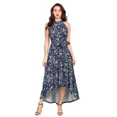 Blue polyester printed halter neck sleeveless dress for women on fashion mannequin