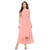 Peach polyester sleeveless halter neck dress for women, solid style on mannequin