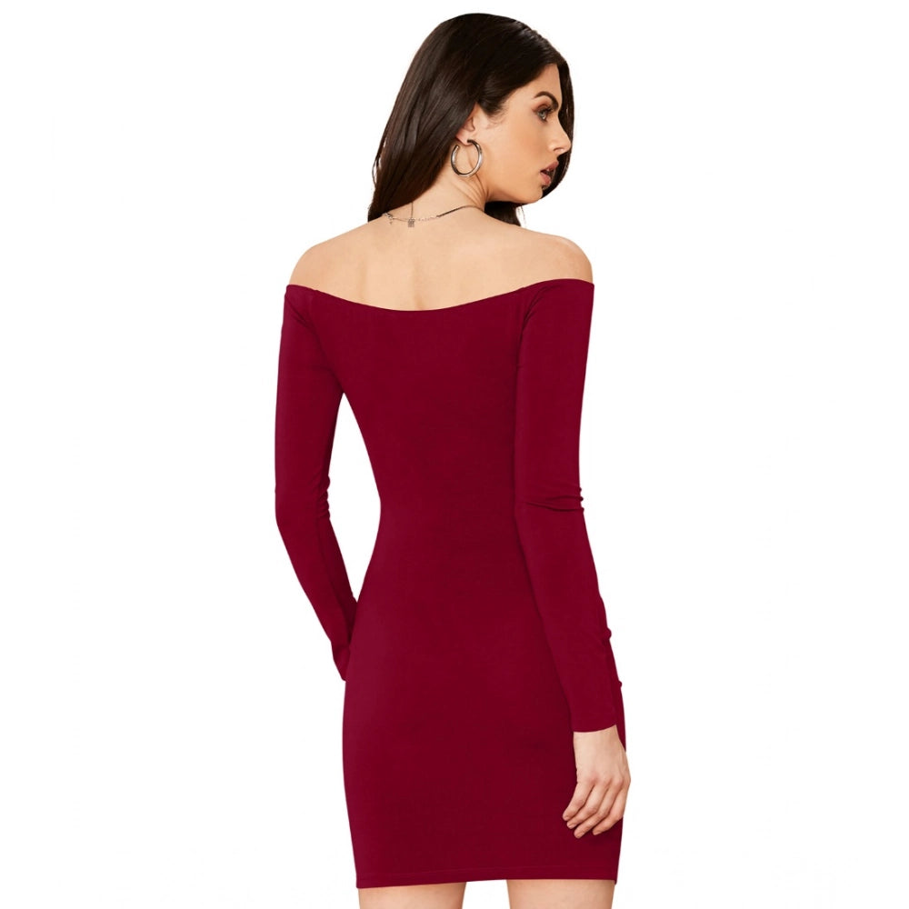 Maroon knitting stretch dress, solid V-neck with full sleeves