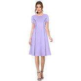 Purple knitting stretchable solid round neck cap sleeve dress for women's fashion