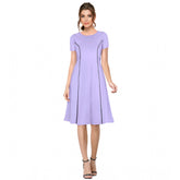 Purple knitting stretchable solid round neck cap sleeve dress for women, versatile clothing piece on model