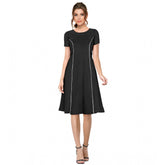 Black knitting stretchable solid round neck cap sleeve dress
