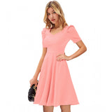 Peach knitting stretchable solid V-neck cap sleeve dress for women, stylish and comfortable clothing for everyday wear