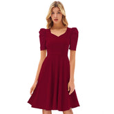 Maroon knitting stretch dress, solid V-neck, cap sleeves, knee length for women