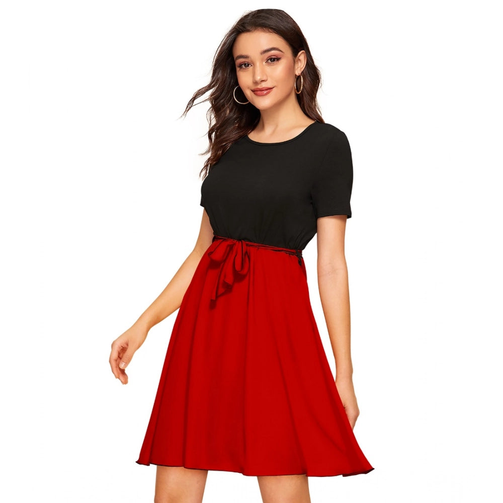 Red knitting stretchable solid round neck cap sleeve dress for women's fashion, close-up detail