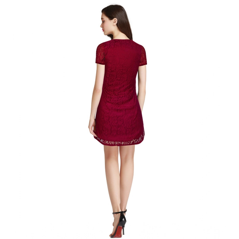 Maroon Rasal solid round-neck cap sleeve dress for women's fashion, rich color on model