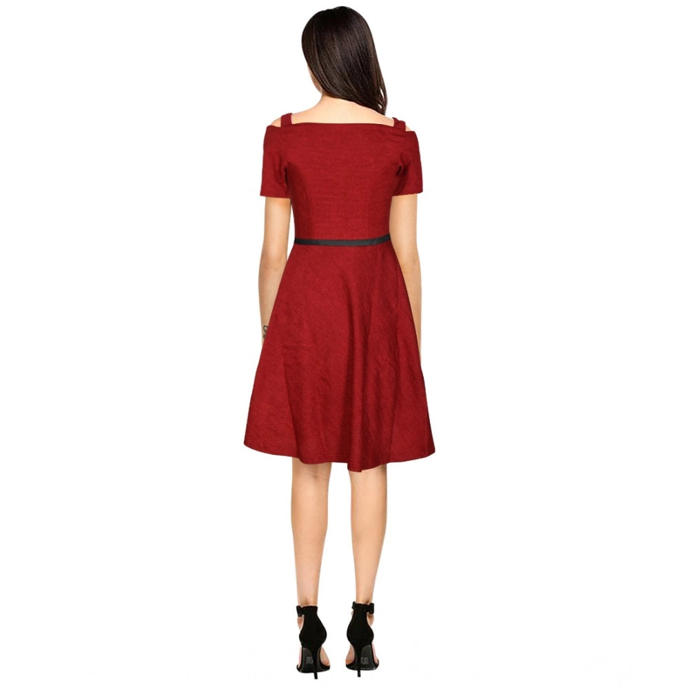 Maroon polyester solid V-neck cap sleeve dress for women - solid, knee-length fashion style