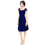 Women's Polyester Solid V Neck Cap Sleeve off Shoulder Dress (Blue)