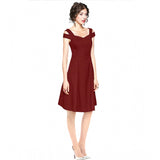 Maroon polyester solid v-neck cap sleeve off-shoulder knee length dress
