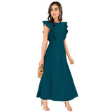 Women's Knitting stretchable Solid Round Neck Ruffled Sleeve Dress (Morpich)