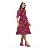Maroon printed 3/4th sleeve dress, ruby cotton women's shirt collar style