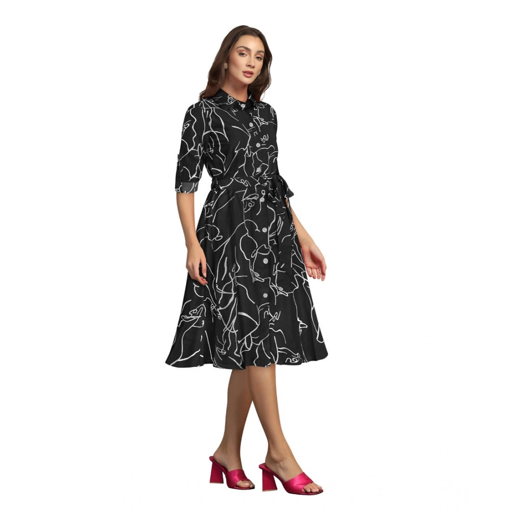 Black ruby cotton printed shirt collar 3/4th sleeve dress - vibrant pattern design on women's wear