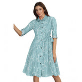 Ruby cotton pista printed 3/4 sleeve dress with shirt collar