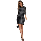Black polyester high neck full sleeve dress, solid design for women's formalwear