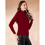 Women's Polyester Solid High Neck Full Sleeve T-Shirt (Maroon)