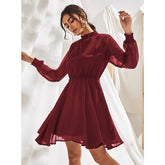 Maroon Fox Georgette high neck, full sleeve dress - solid pattern, women's formalwear