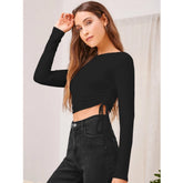Black polyester women's round neck full sleeve top, solid design for casual wear