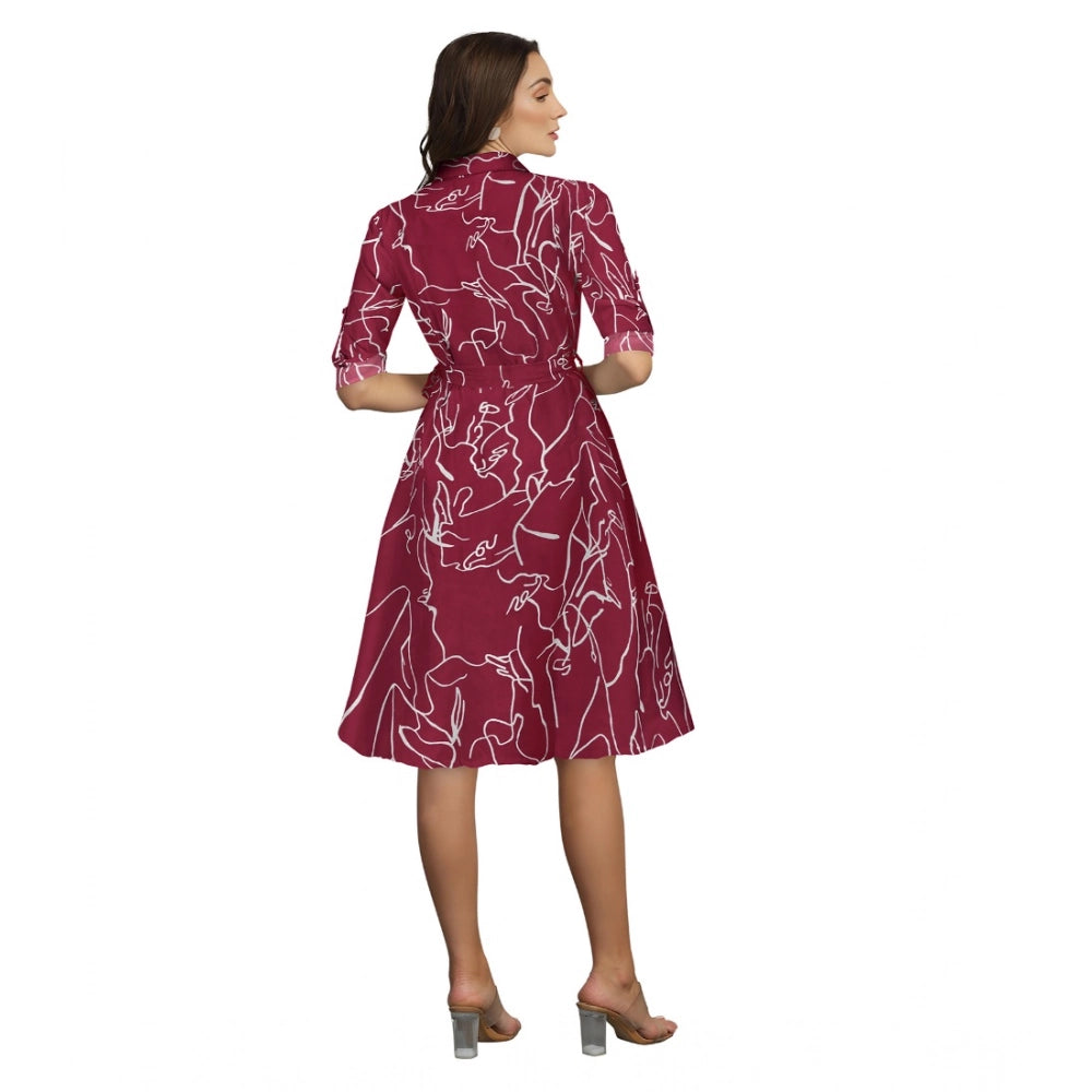 Maroon ruby cotton printed shirt collar 3/4th sleeve dress, vibrant pattern detail