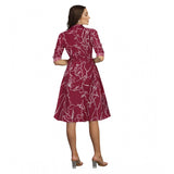 Maroon ruby cotton printed shirt collar 3/4th sleeve dress, vibrant pattern detail