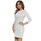 White polyester solid high neck full sleeve dress for women, ideal for formal occasions