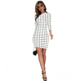 White polyester solid high-neck full sleeve dress for women