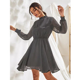 Grey Fox Georgette solid high neck full sleeve dress for women, formal evening wear on mannequin