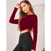 Maroon polyester solid round neck full sleeve top for women's fashion, close-up image on white background