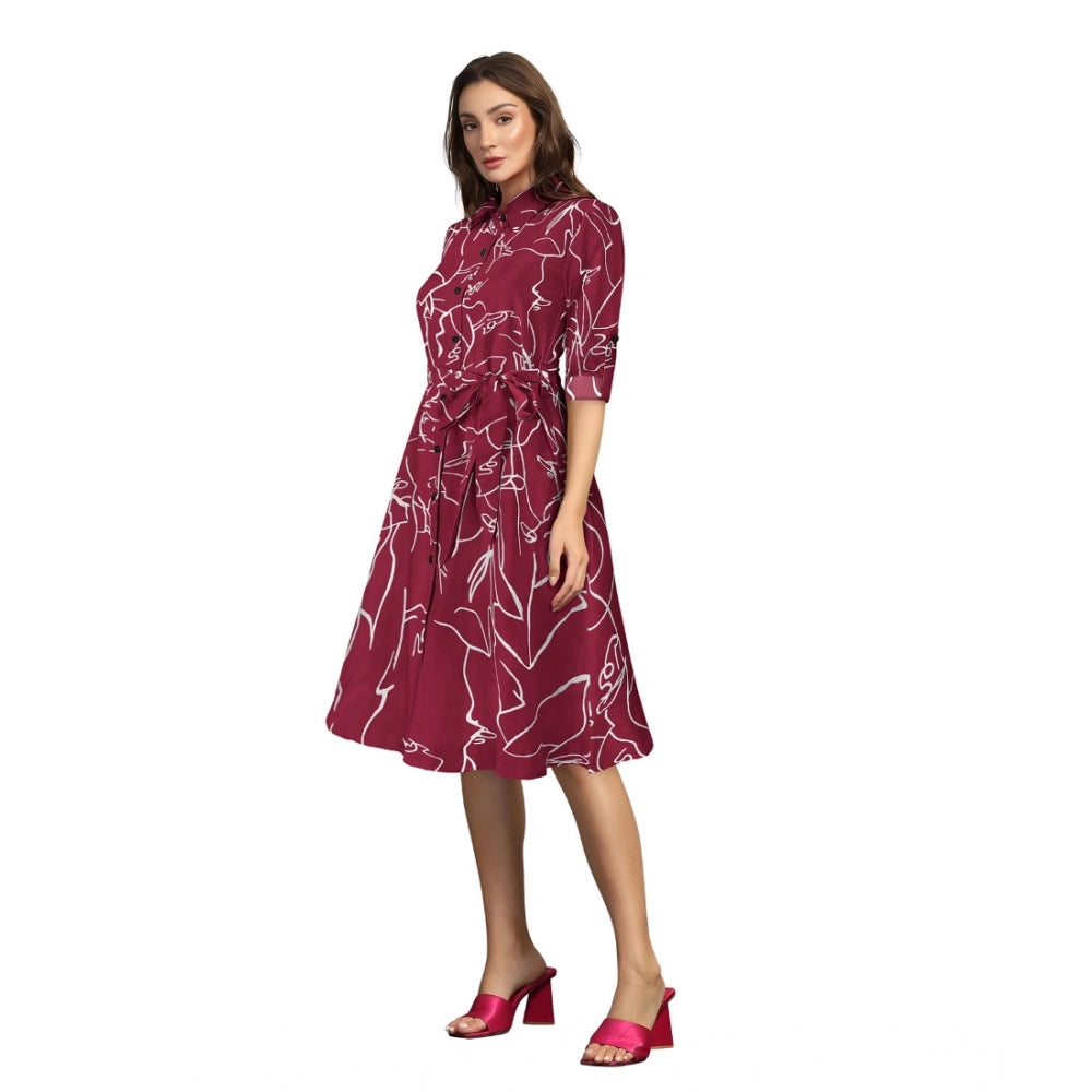 Maroon printed cotton 3/4 sleeve shirt dress with collar
